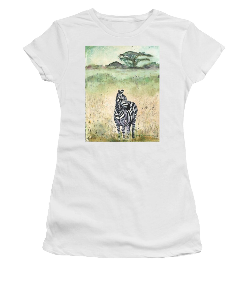 Zebra Women's T-Shirt featuring the painting Zebra by Denice Palanuk Wilson