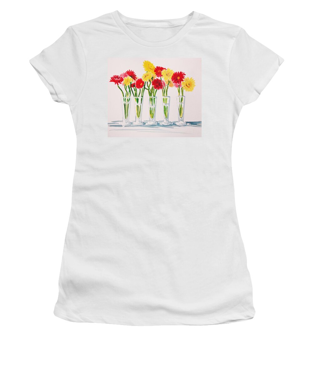Floral Women's T-Shirt featuring the painting Zinnias in a row by Heidi E Nelson