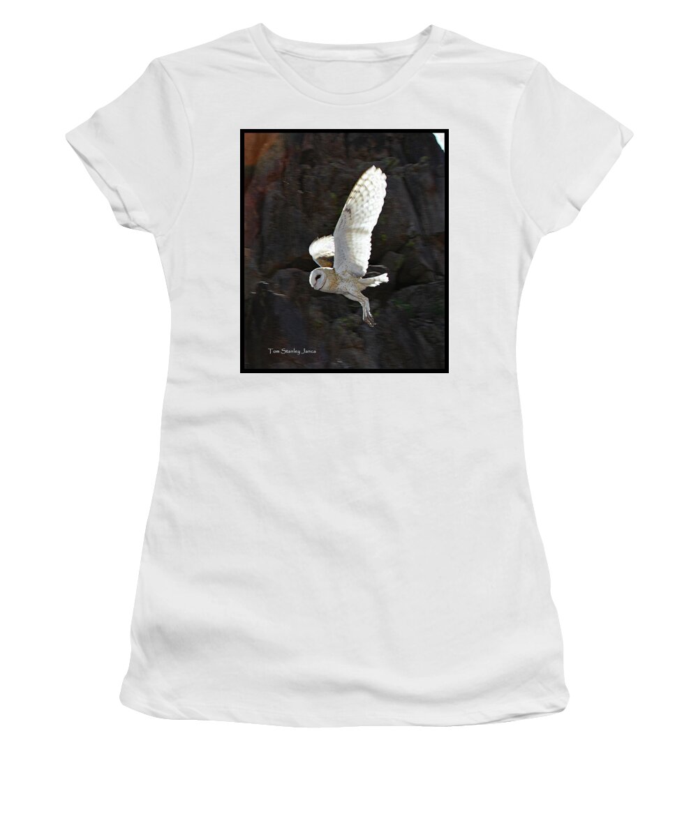 Barn Owl At My Gold Mine Women's T-Shirt featuring the digital art Barn Owl At My Gold Mine #1 by Tom Janca