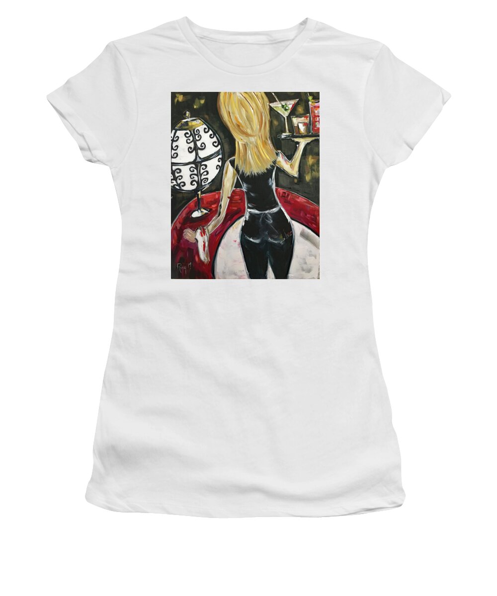 Bartender Women's T-Shirt featuring the painting Bottoms Up featuring Roxy Rich #1 by Roxy Rich
