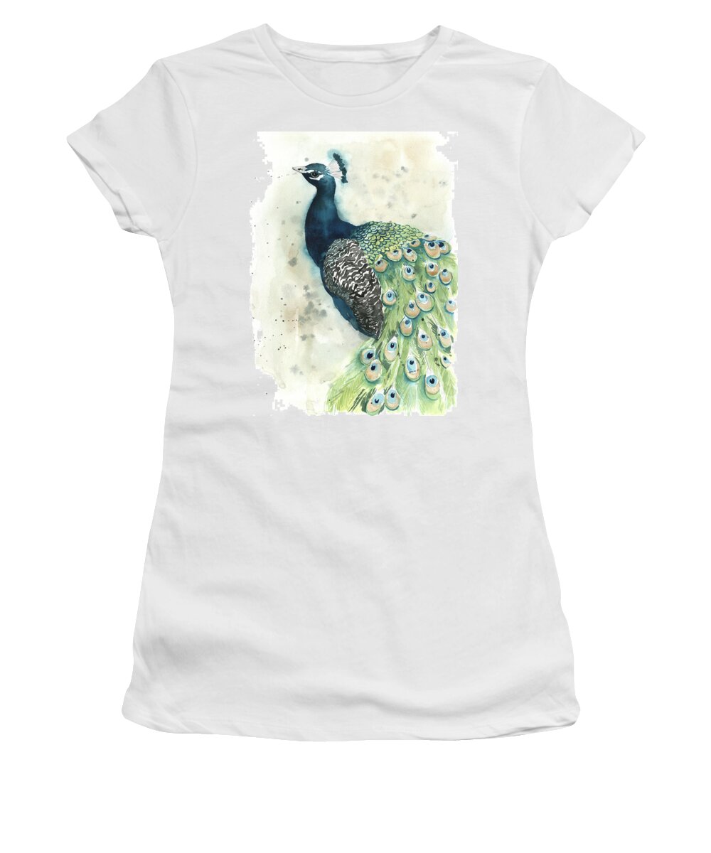 Animals Women's T-Shirt featuring the painting Watercolor Peacock Portrait II #1 by Grace Popp