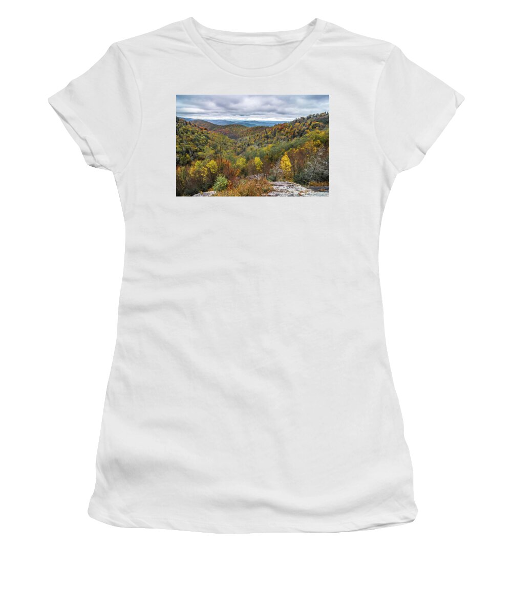 Mountain Women's T-Shirt featuring the photograph Graveyard fields overlook in the smoky mountains in north caroli #16 by Alex Grichenko