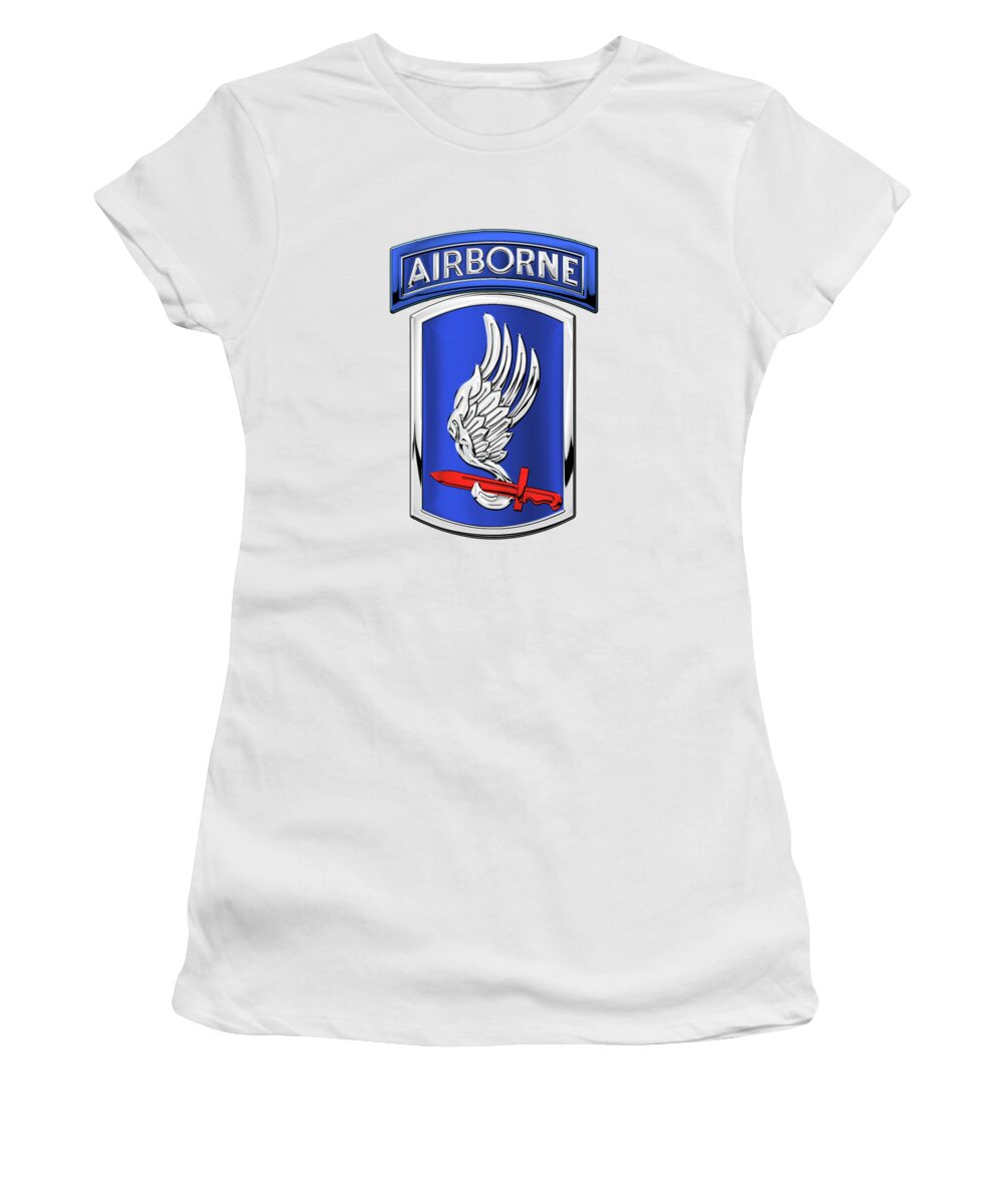 Military Insignia & Heraldry By Serge Averbukh Women's T-Shirt featuring the digital art 173rd Airborne Brigade Combat Team - 173rd A B C T Insignia over White Leather by Serge Averbukh