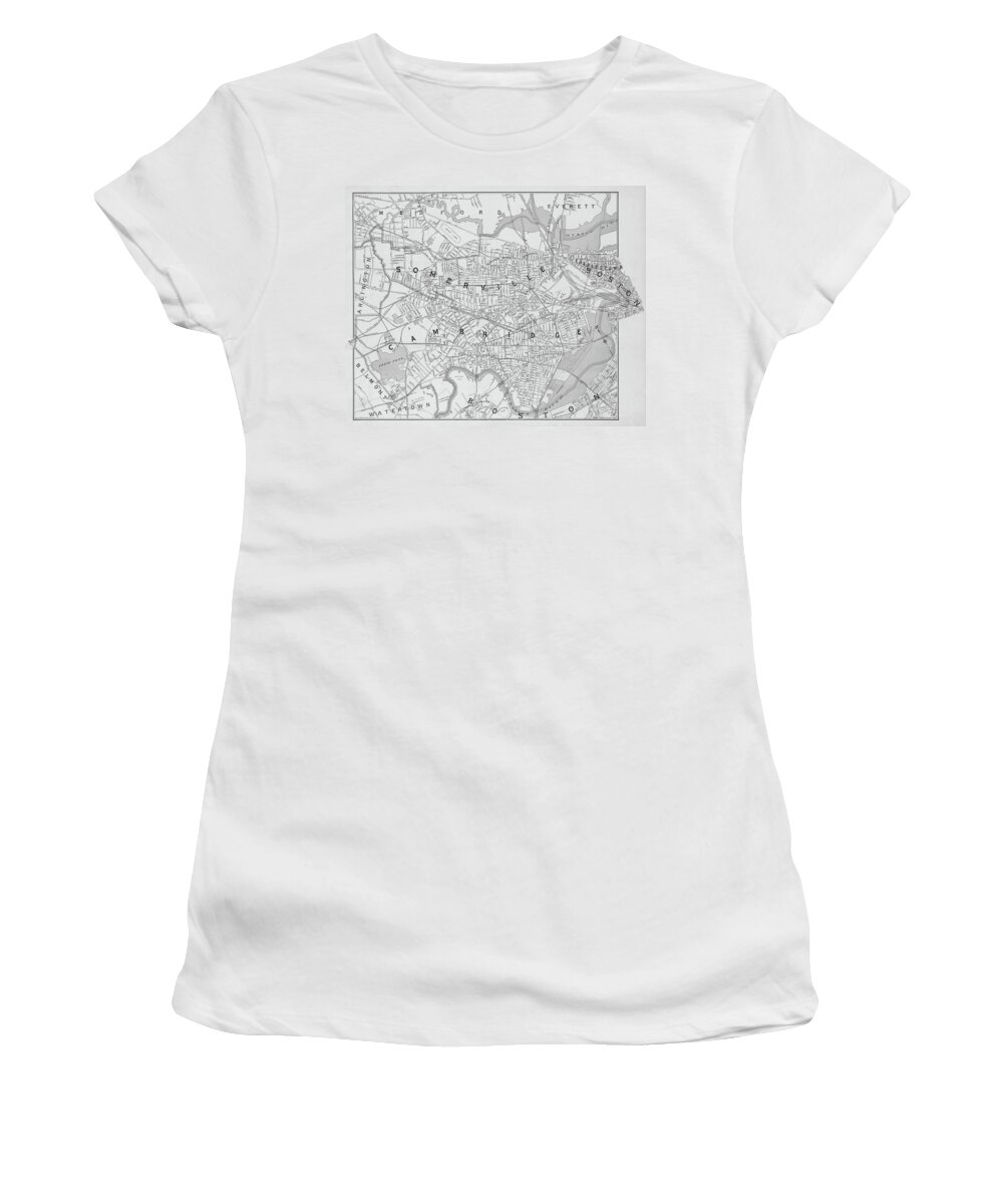 Somerville Women's T-Shirt featuring the photograph 1892 map of Somerville Cambridge Boston Medford Everett Charleston MA Massachusetts Black and White by Toby McGuire