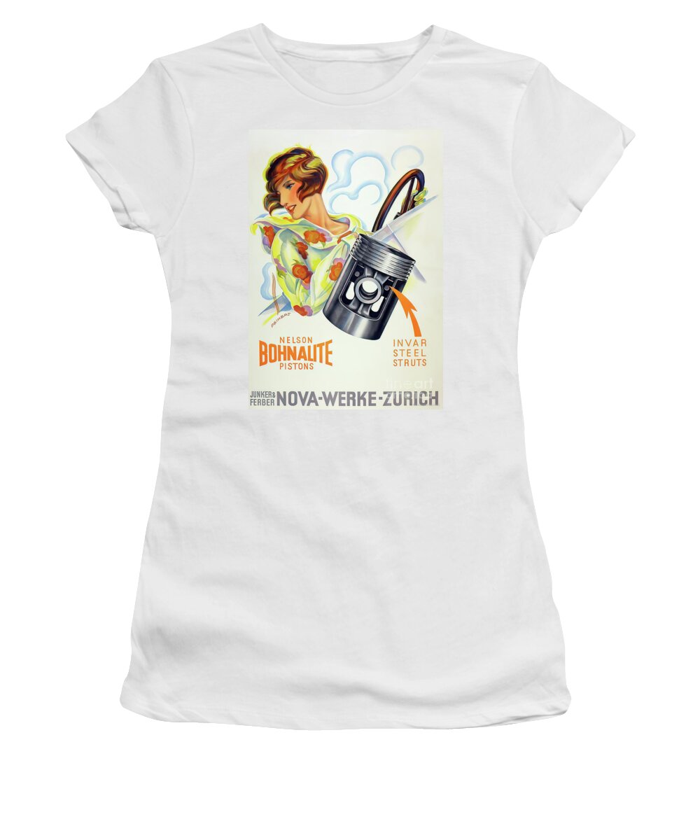Vintage Women's T-Shirt featuring the mixed media 1920s Nelson Bohnalite Pistons Zurich With Woman Driver by Retrographs