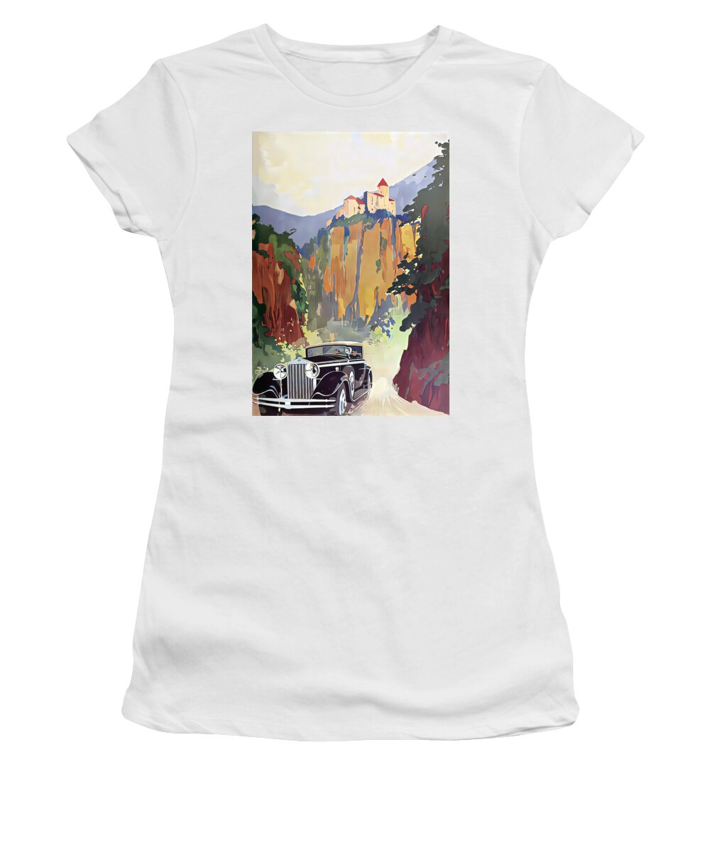 Vintage Women's T-Shirt featuring the mixed media 1930 Isotta Fraschini At Speed Country Road With Castle Background Original French Art Deco Illustration by Retrographs