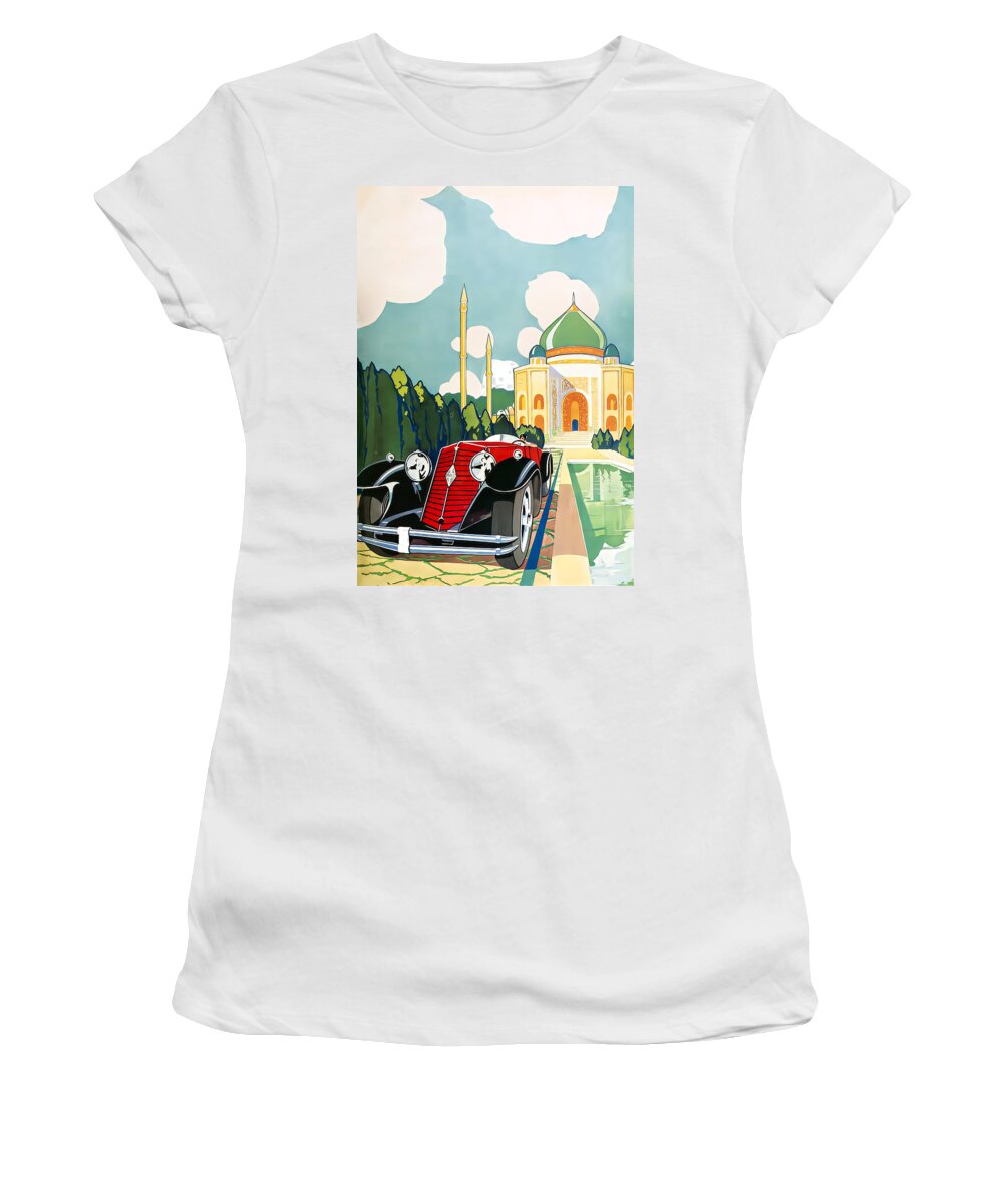 Vintage Women's T-Shirt featuring the mixed media 1930 Renault Sports Skiff Touring Car Eastern Poolside Setting Original French Art Deco Illustration by Retrographs