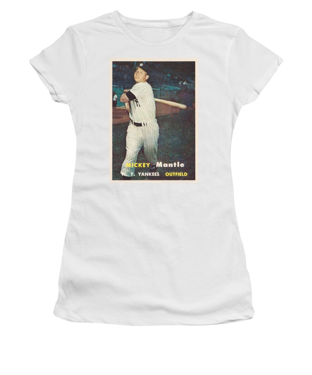 Player Women's T-Shirt featuring the painting 1957 Topps Mickey Mantle by Celestial Images