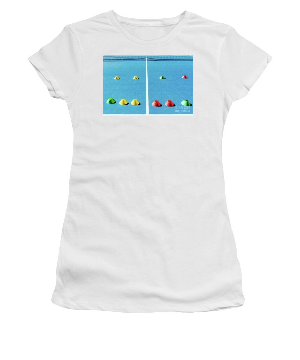 Active Women's T-Shirt featuring the photograph Colorful plastic cones on a blue cement tennis court with white #2 by Joaquin Corbalan