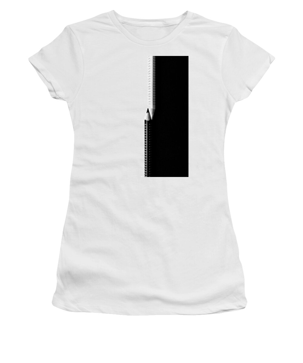 Pencil Women's T-Shirt featuring the photograph Two drawing pencils on a black and white surface. by Michalakis Ppalis