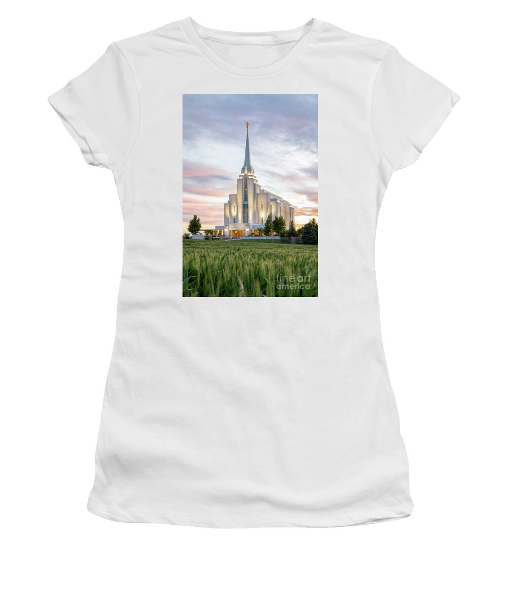 Temple Women's T-Shirt featuring the photograph Rexburg Idaho Temple - Summer Sunset #3 by Bret Barton
