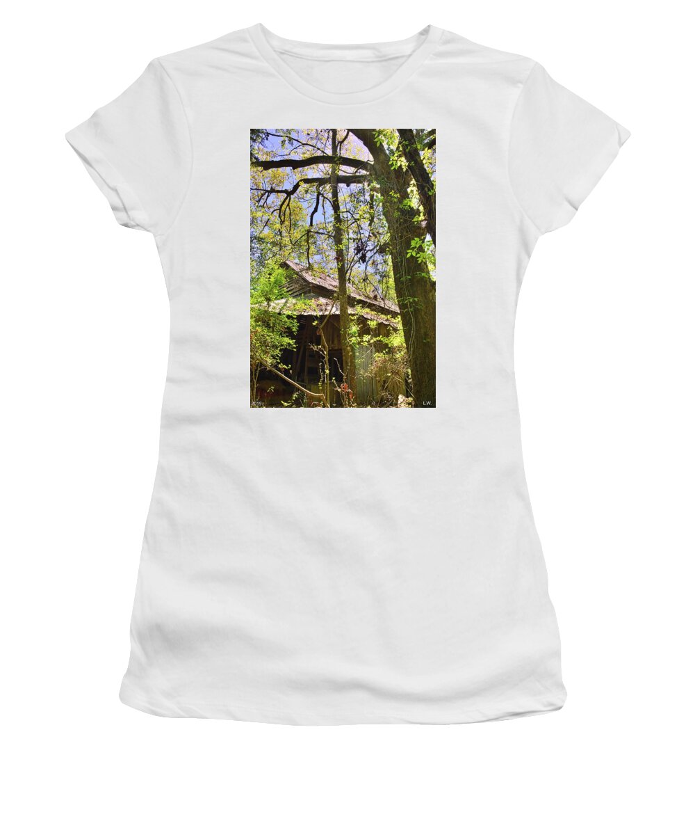 A Barn Among The Trees Vertical Women's T-Shirt featuring the photograph A Barn Among The Trees Vertical by Lisa Wooten