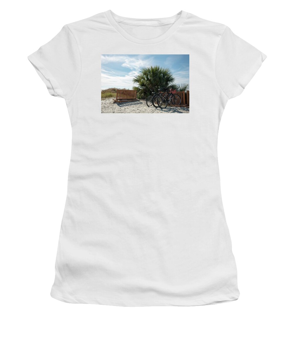 Beautiful Women's T-Shirt featuring the photograph A Beautiful Day For Biking On The Beach by Dennis Schmidt