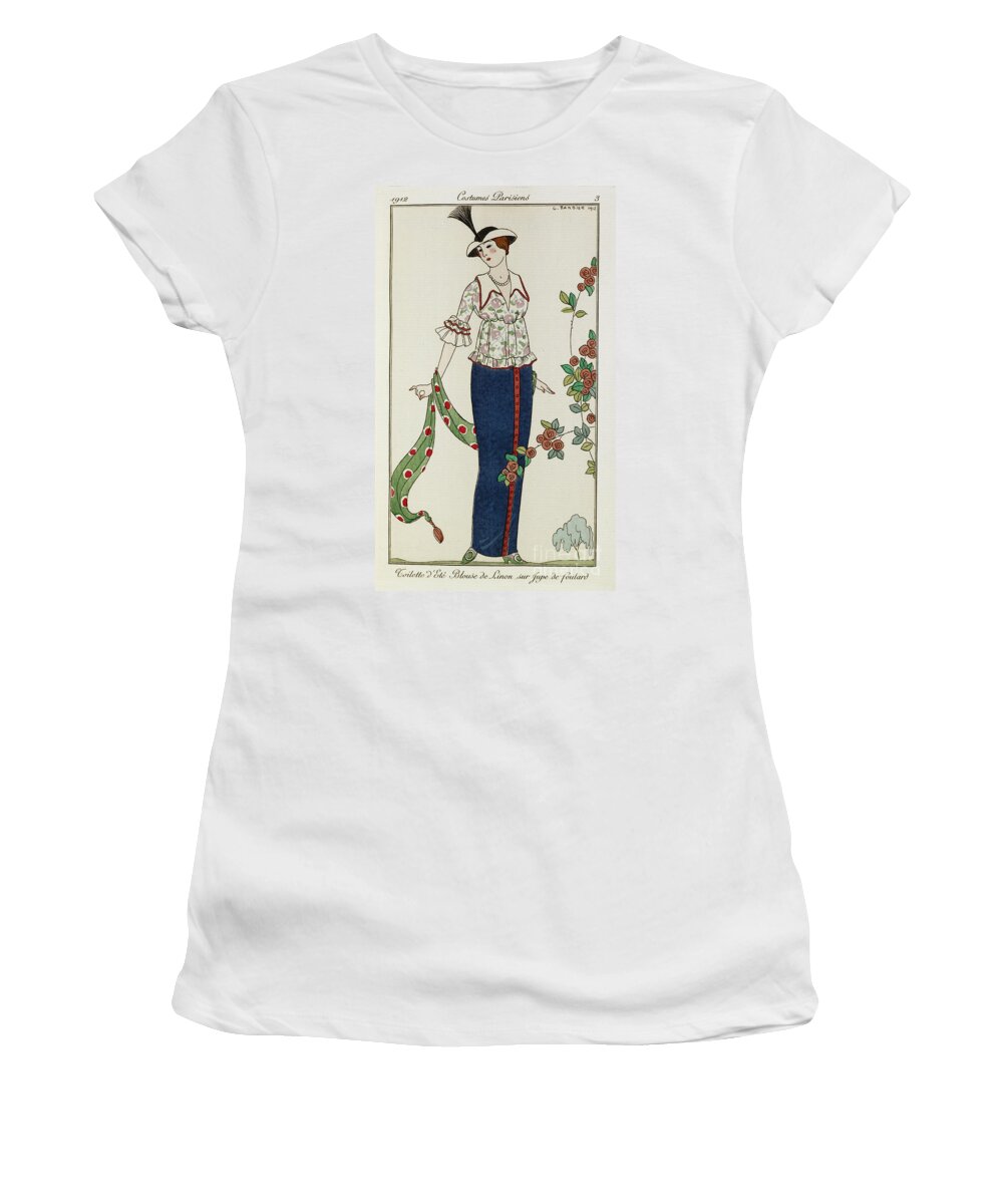 Barbier Women's T-Shirt featuring the painting A Woman Wearing A Summer Blouse And Skirt She Holds A Green Scarf She Wears A Hat With A Feather by Georges Barbier
