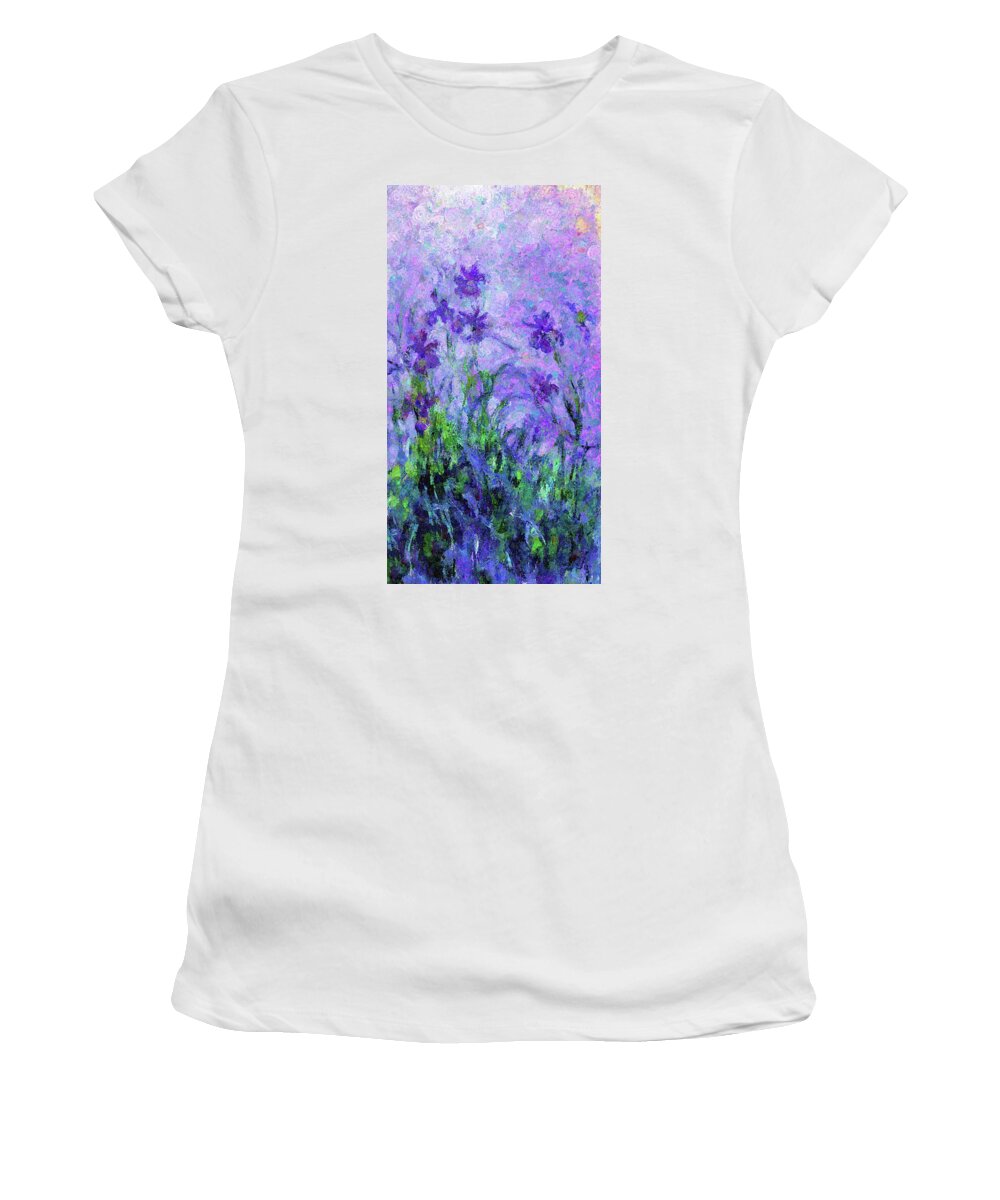 Field Of Iris Flowers Women's T-Shirt featuring the mixed media Abstract Realism Field Of Iris In Spring by Georgiana Romanovna