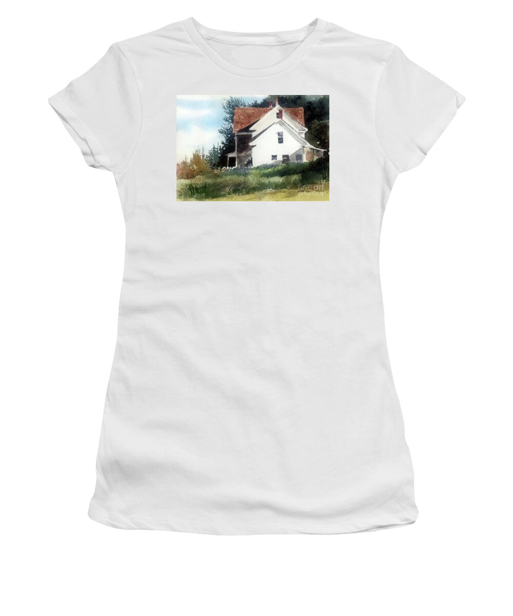 A Two-story House Glows In The Sunshine Of A Summer Afternoon. Women's T-Shirt featuring the painting Afternoon Sunshine by Monte Toon
