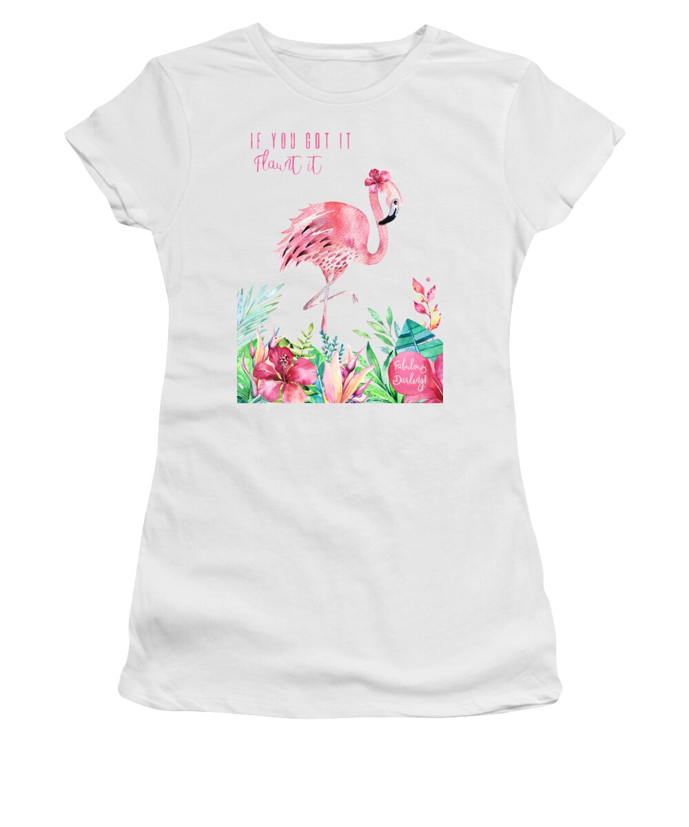 Watercolour Women's T-Shirt featuring the mixed media Fabulous Flamingo - Flaunt It by Amanda Jane