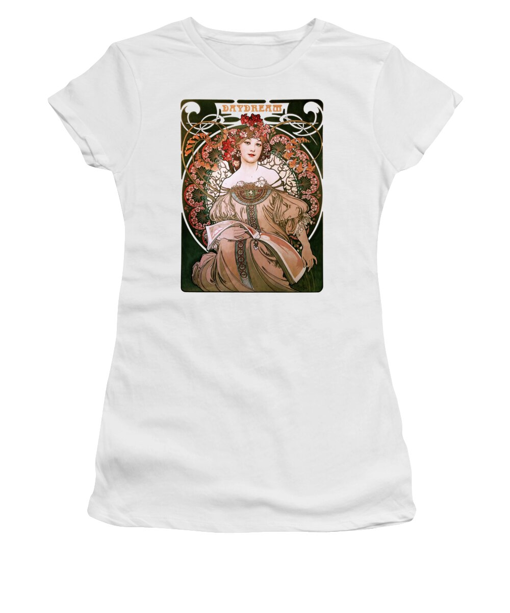 Daydream Women's T-Shirt featuring the painting Daydream by Alphonse Mucha White Background by Xzendor7