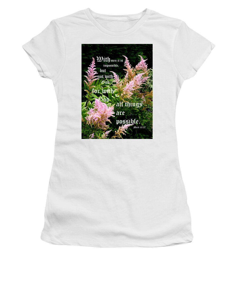 Pink Astilbe Women's T-Shirt featuring the photograph Astilbe with Mark 10 vs 27 by Mike McBrayer