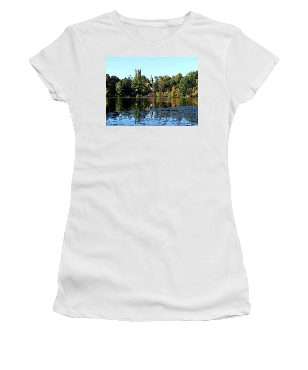 Wellesley College Women's T-Shirt featuring the photograph Autumnal Reflection of Wellesley College by Lyuba Filatova