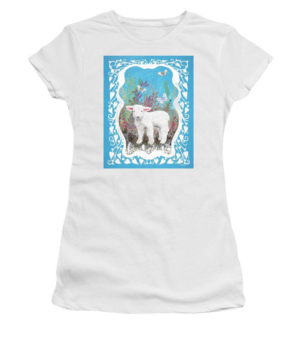 Lise Winne Women's T-Shirt featuring the painting Baby Lamb with White Butterflies by Lise Winne