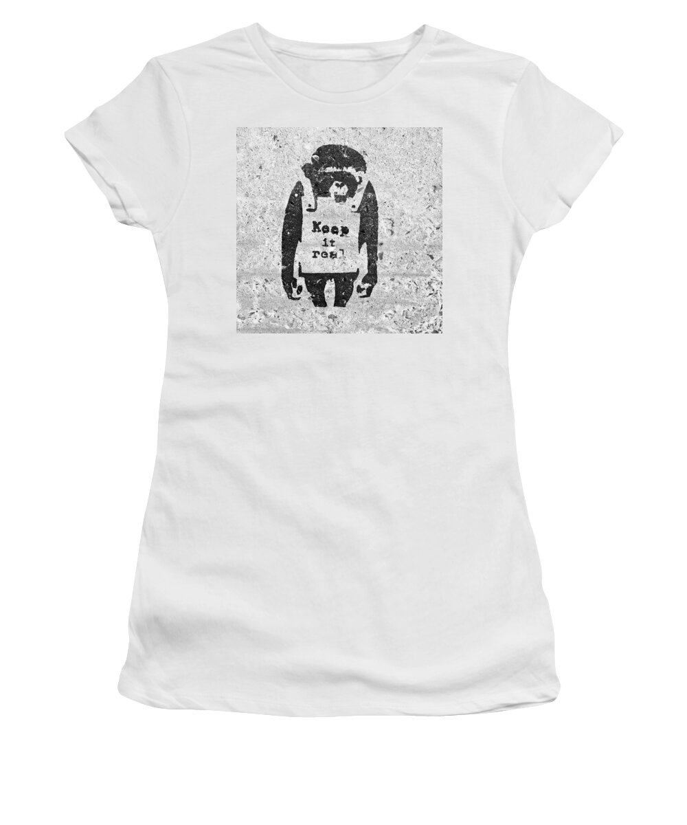 Banksy Women's T-Shirt featuring the photograph Banksy Chimp Keep It Real by Gigi Ebert