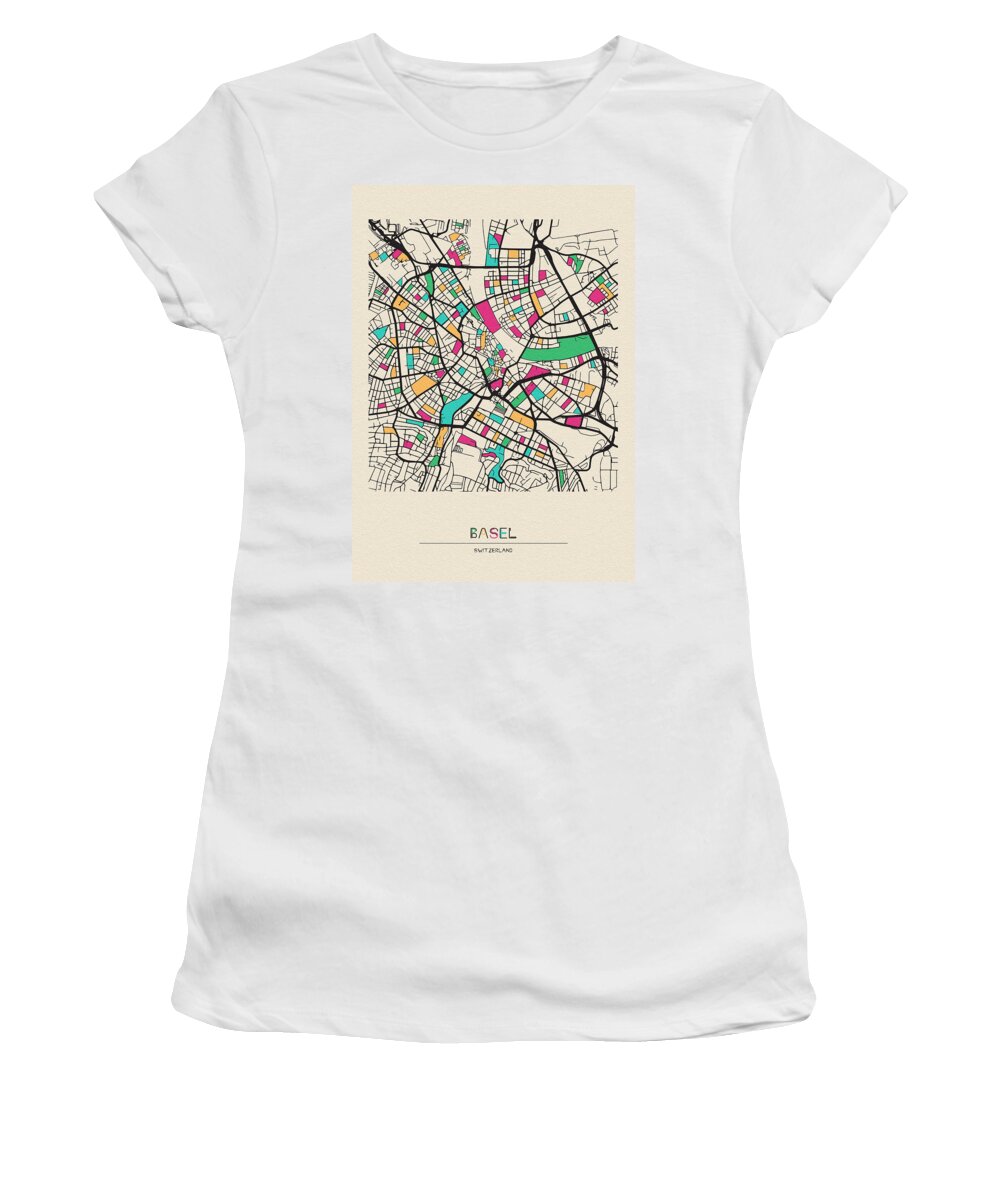 Basel Women's T-Shirt featuring the drawing Basel, Switzerland City Map by Inspirowl Design