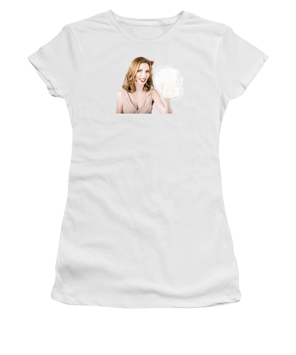 Cleaner Women's T-Shirt featuring the photograph Beautiful pin up girl with car wash sponge by Jorgo Photography