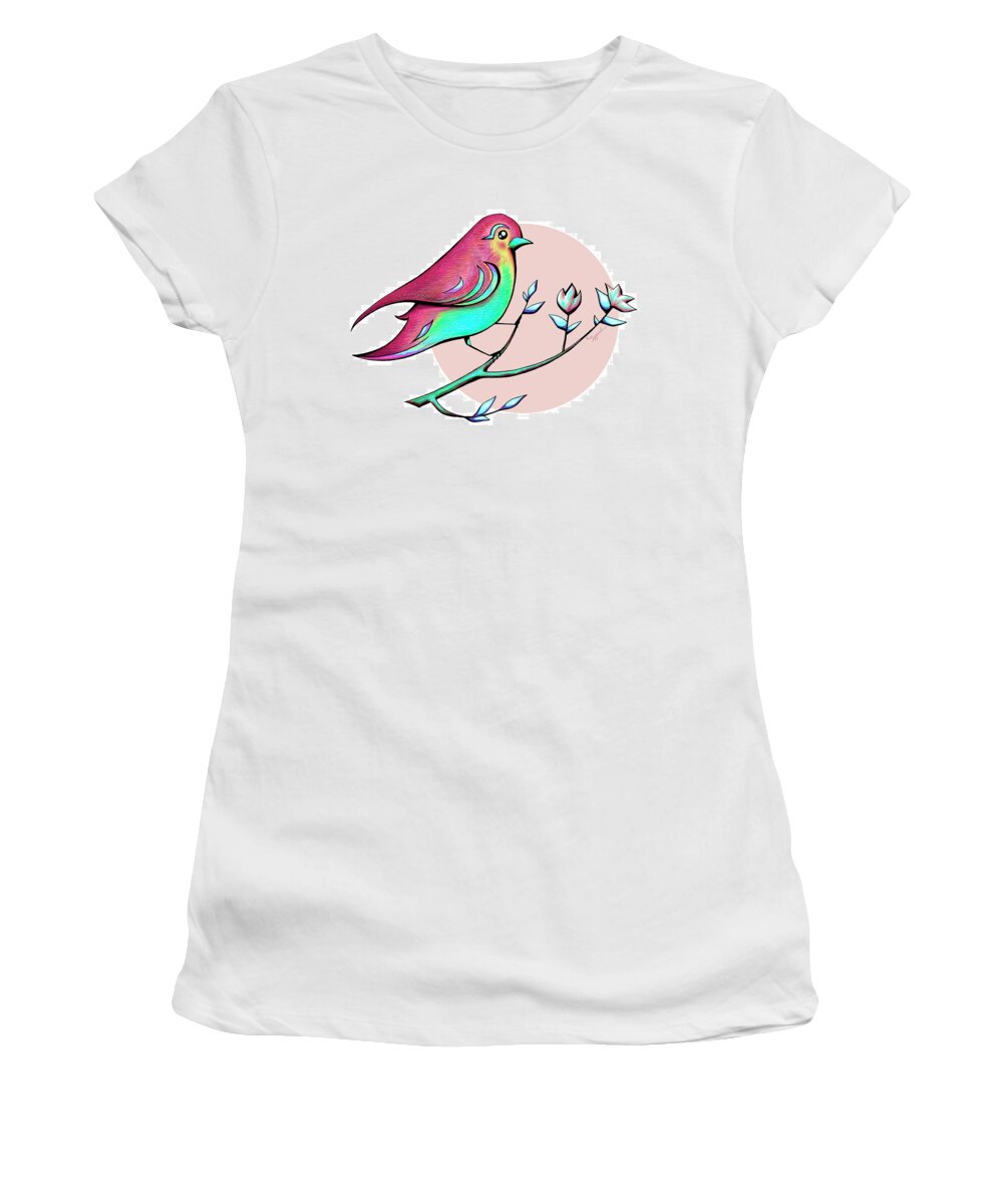 Bird Women's T-Shirt featuring the drawing BEAUTIFUL SPRING MORNING Bird and Flowers by Sipporah Art and Illustration
