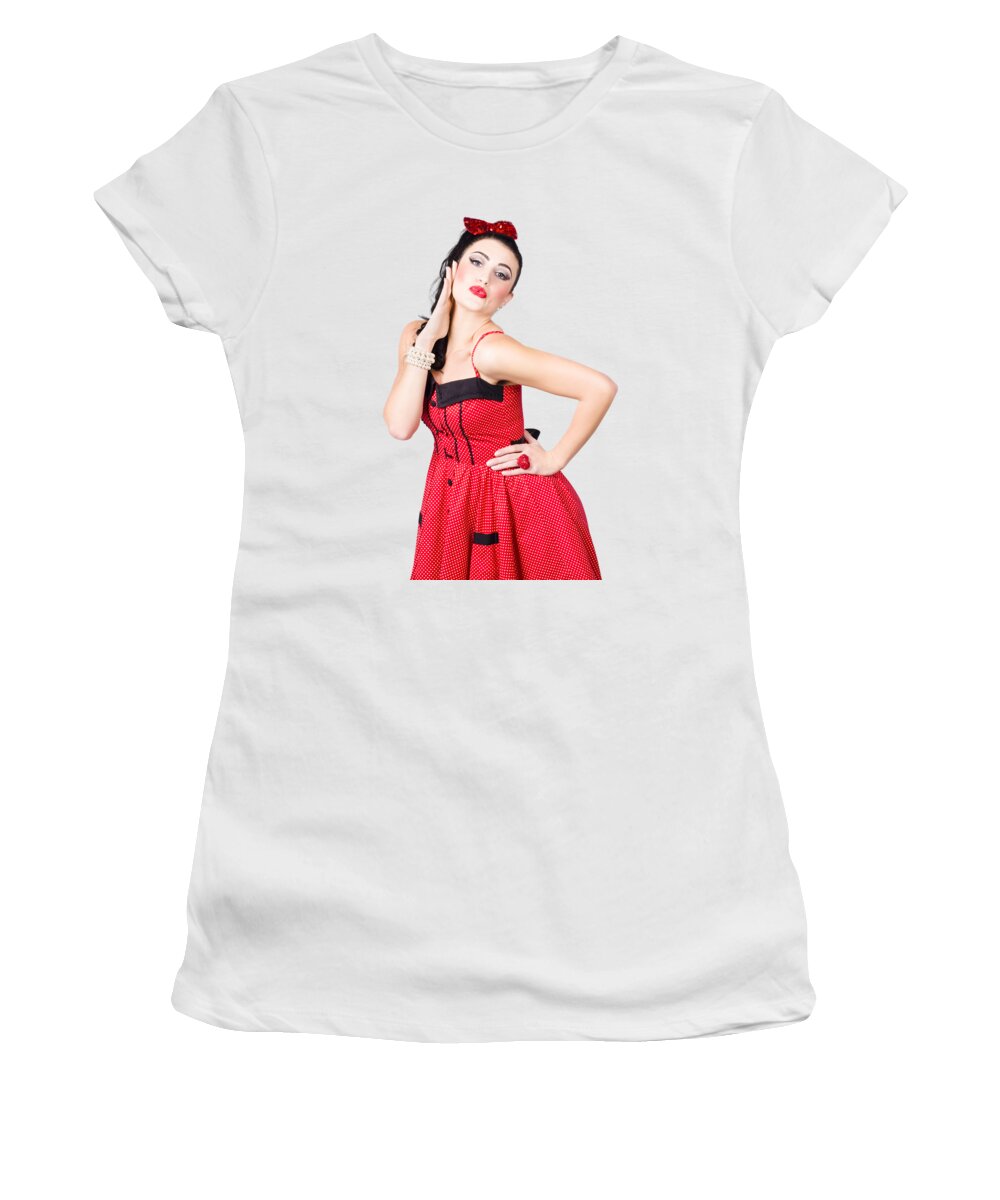 Makeup Women's T-Shirt featuring the photograph Beautiful young pin-up woman in retro fashion by Jorgo Photography