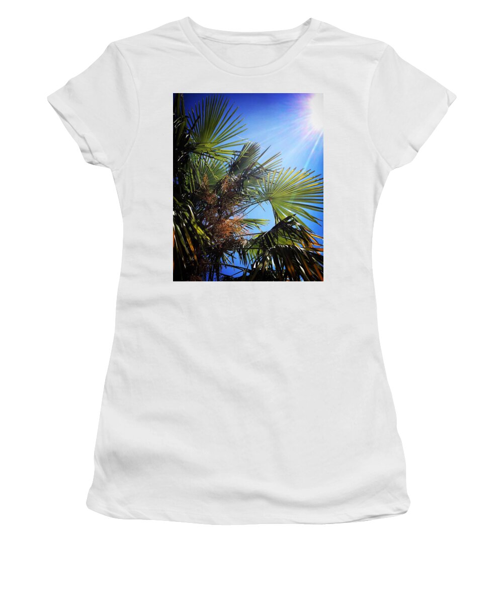 Summer Women's T-Shirt featuring the photograph Blazing sun, blue sky, palm tree leaves by Seeables Visual Arts