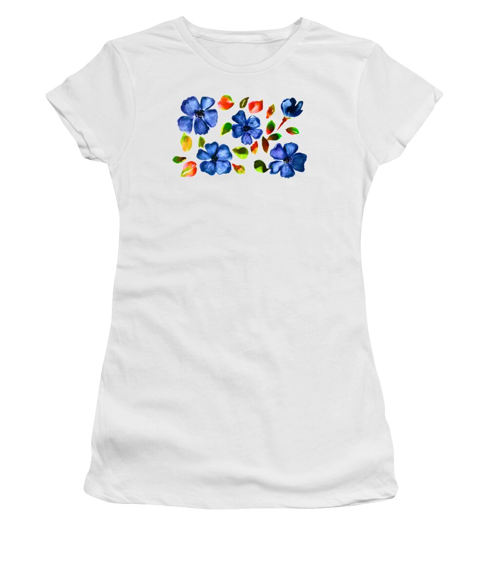 Blue Women's T-Shirt featuring the painting Blue Wild Flowers Watercolor Transparent Background by Delynn Addams