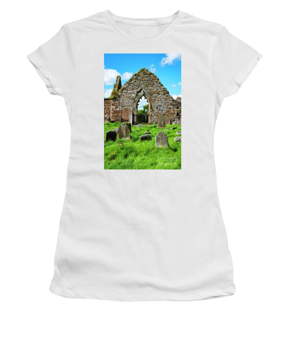 Bonamargy Friary Women's T-Shirt featuring the photograph Bonamargy Friary and Tombstones by Bob Phillips