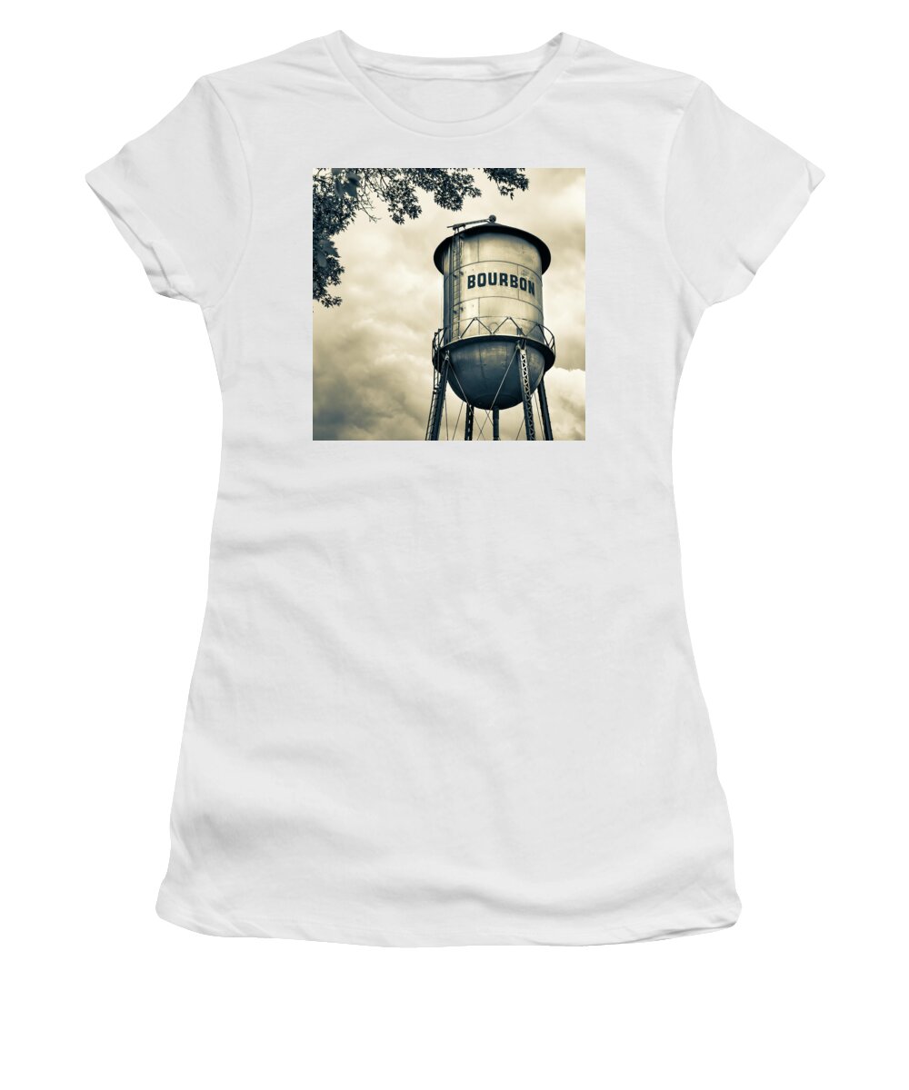 Bourbon Art Women's T-Shirt featuring the photograph Bourbon Whiskey Water Tower and Clouds - Vintage Sepia Edition by Gregory Ballos