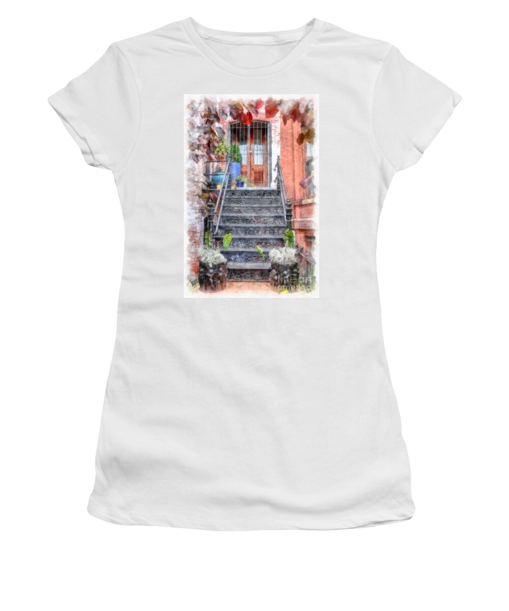 Stairs Women's T-Shirt featuring the digital art Brick Townhouse Walkup Watercolor by Edward Fielding