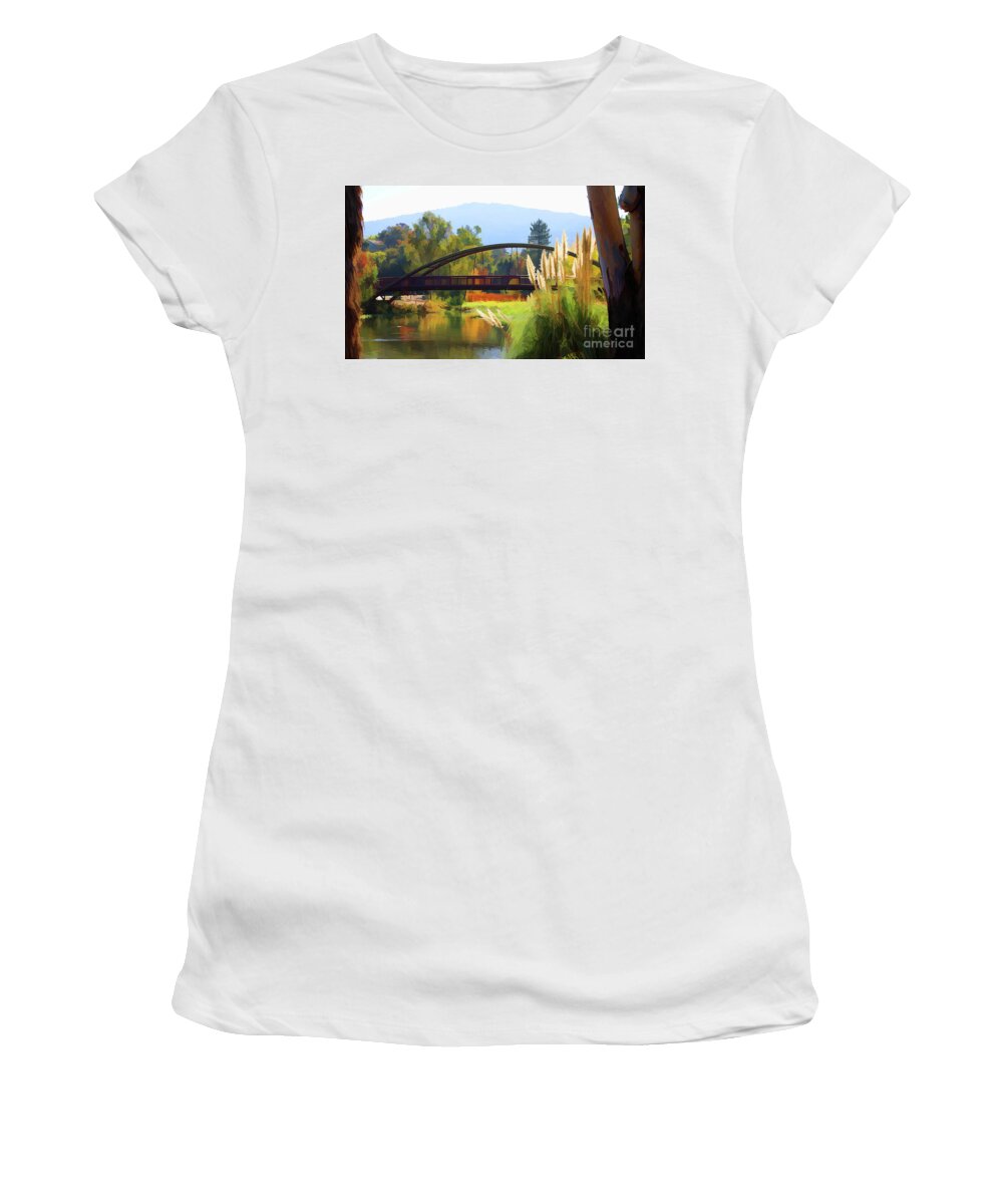 Autumn Women's T-Shirt featuring the photograph Bridge over Lake Vasona Color Digital Cattails by Chuck Kuhn