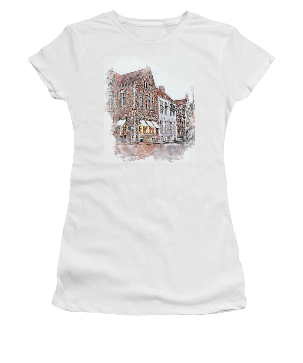 Belgium Women's T-Shirt featuring the painting Bruges, Belgium - 04 by AM FineArtPrints
