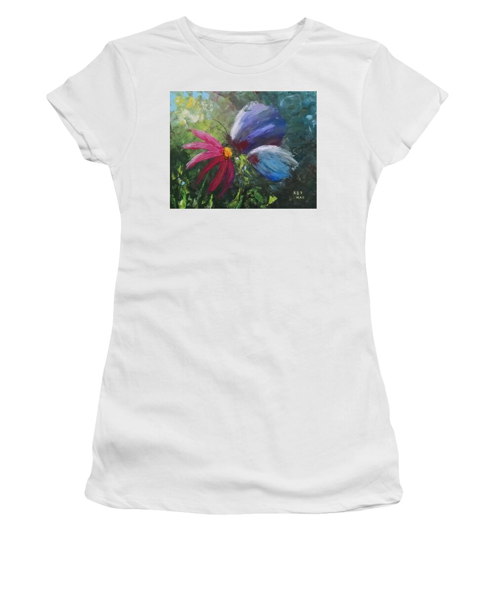 Butterfly Women's T-Shirt featuring the painting Butterfly on a Flower by Helian Cornwell