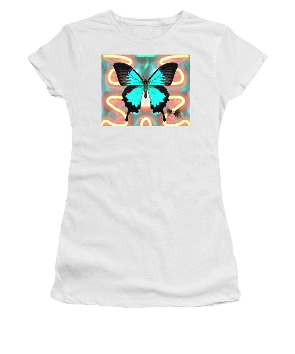 Ulysses Butterfly Women's T-Shirt featuring the drawing Ulysses Butterfly Patterns Orange and Blue by Joan Stratton