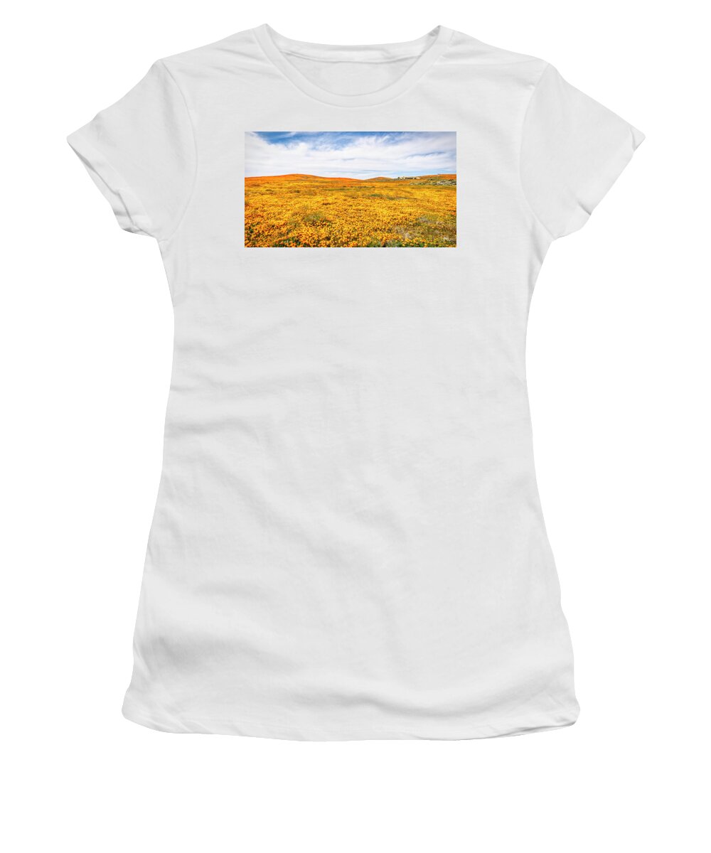 Poppies Women's T-Shirt featuring the photograph California Poppy Superbloom 2019 - Panorama #2 by Gene Parks