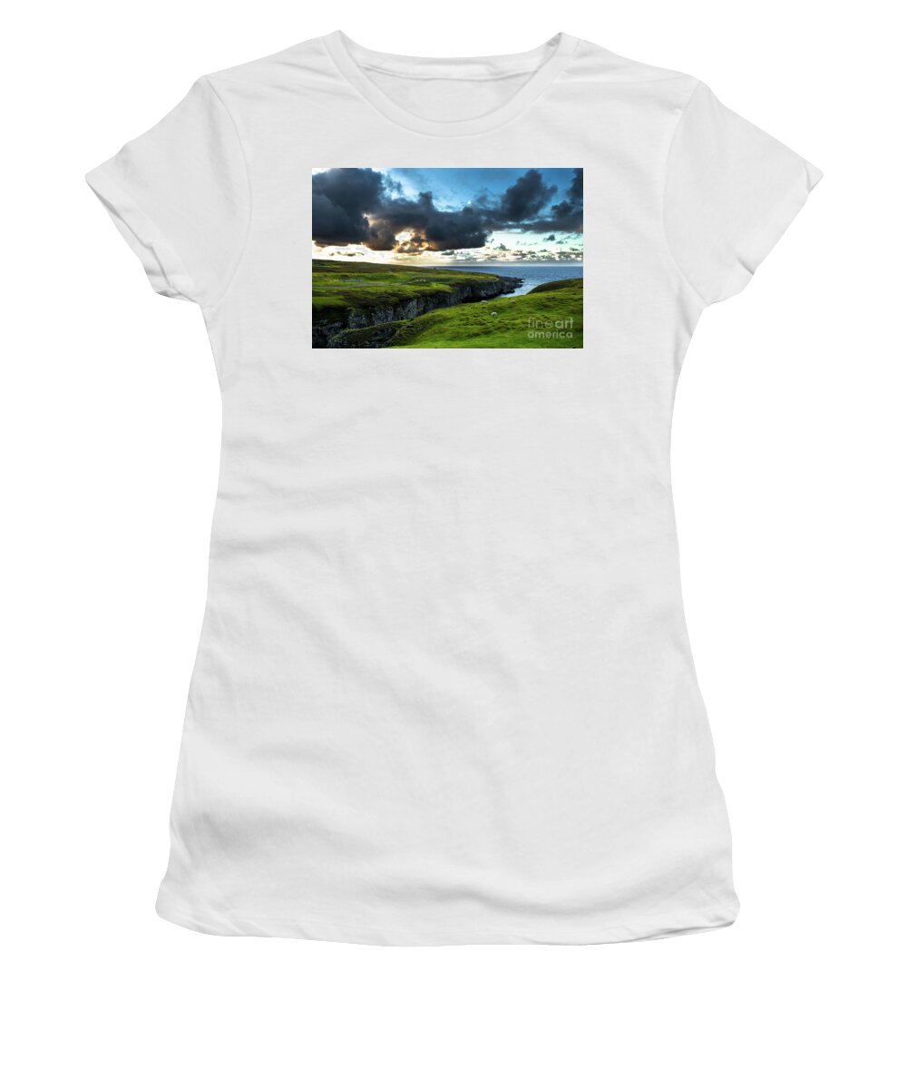 Scotland Women's T-Shirt featuring the photograph Canyon To Smoo Cave With Flock Of Sheep At The Twilight Atlantic Coast Near Durness In Scotland by Andreas Berthold