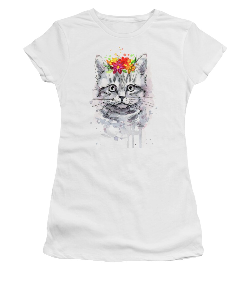 Cat Women's T-Shirt featuring the painting Cat with Flowers by Olga Shvartsur
