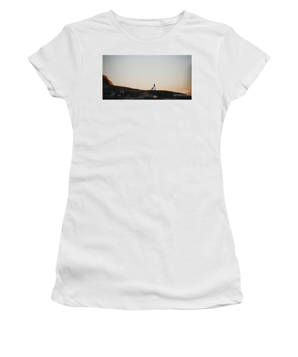 Architecture Women's T-Shirt featuring the photograph Church on top of a hill and under a mountain, with the moon in the background. by Joaquin Corbalan