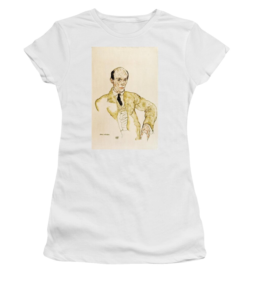 Arnold Schoenberg Women's T-Shirt featuring the painting Composer Arnold Schoenberg, Komponisty Arnolf Schoenberg Gouache,45,7 x 29,2 cm. by Egon Schiele -1890-1918-