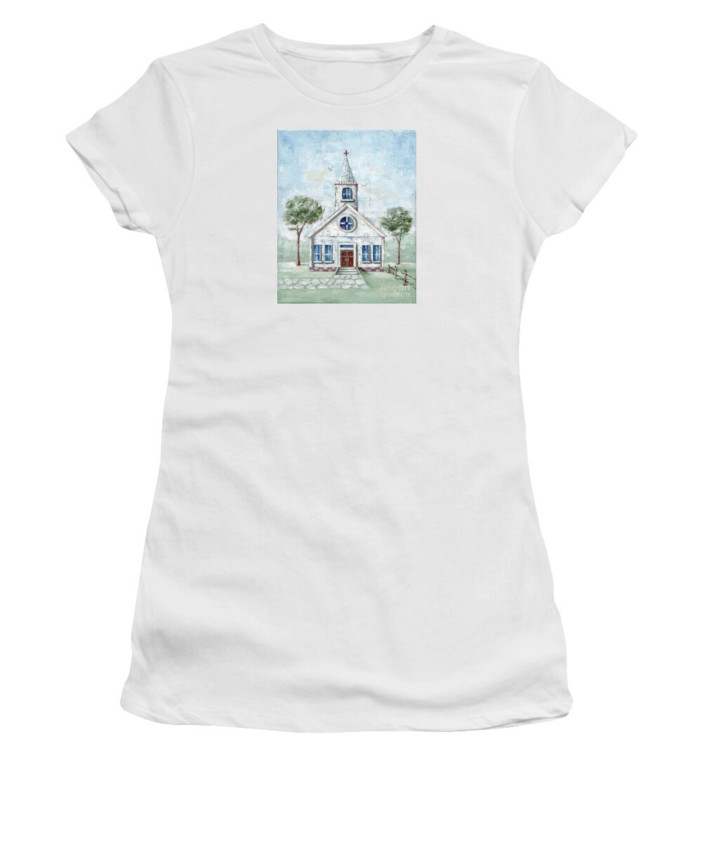 Church Women's T-Shirt featuring the painting Country Church Blessings by Annie Troe