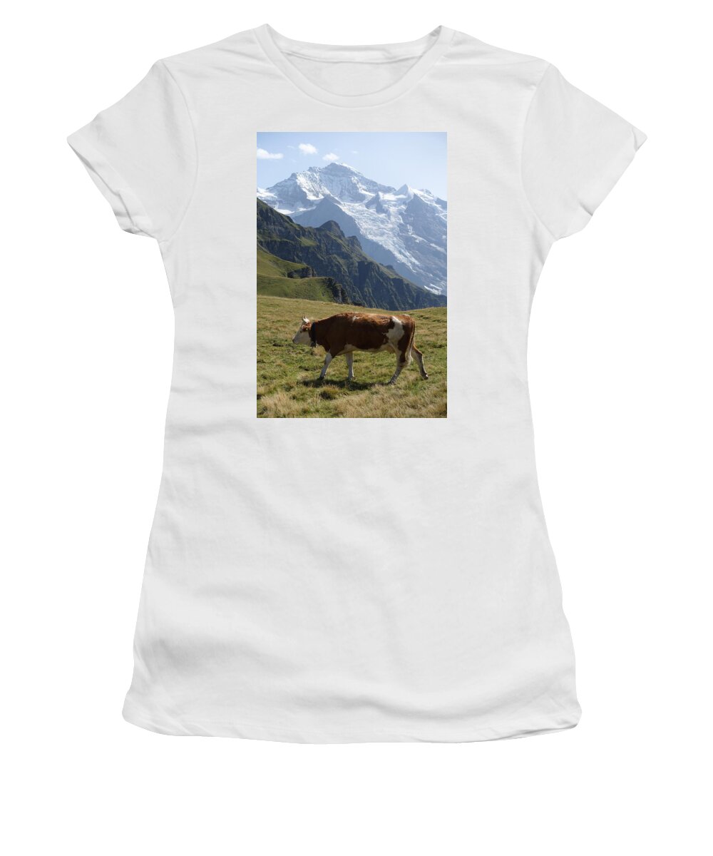 Switzerland Women's T-Shirt featuring the photograph Cow in the Swiss Alps by Patricia Caron