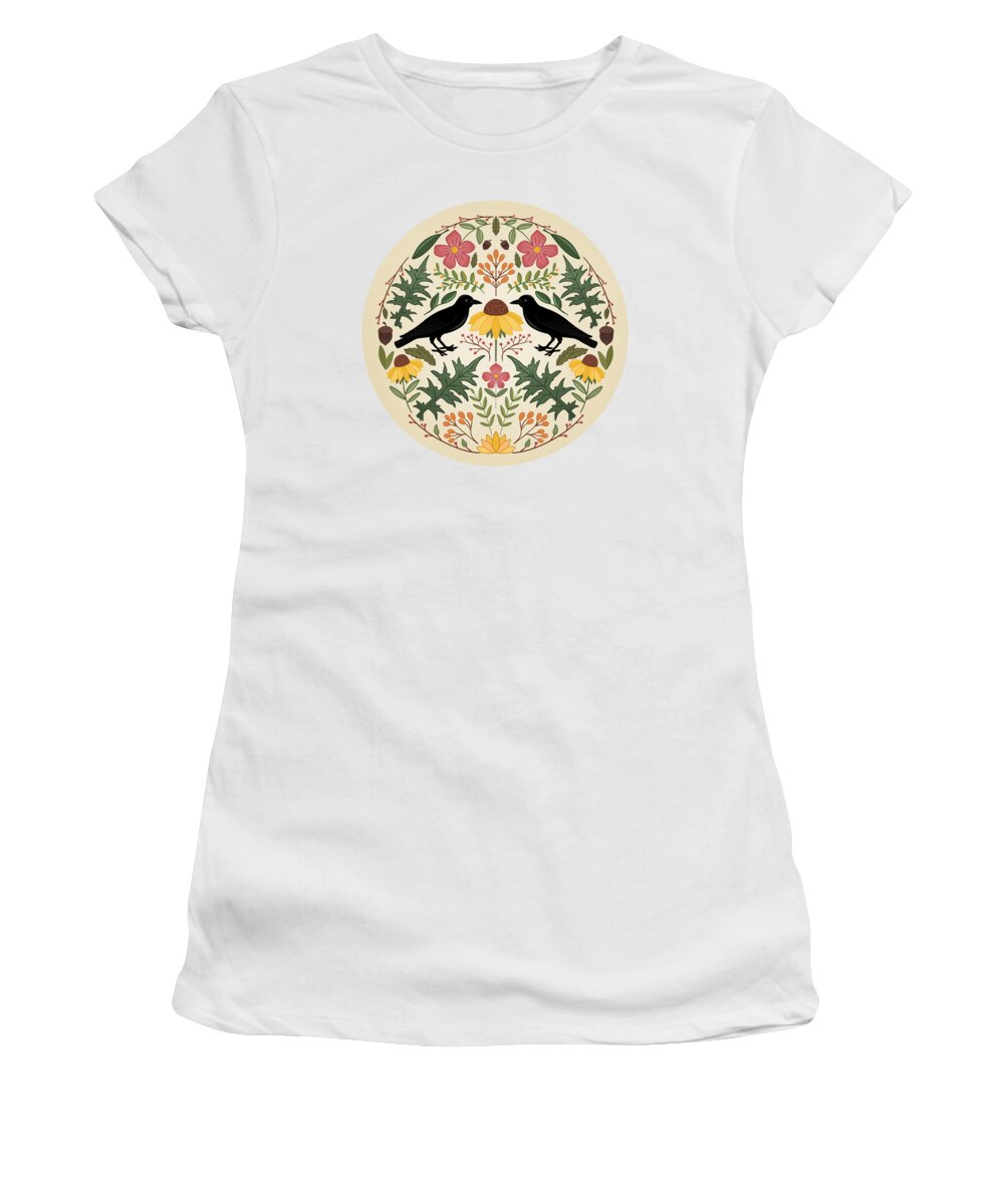 Painting Women's T-Shirt featuring the painting Crows, Wild Roses, Thistles And Sunflowers by Little Bunny Sunshine