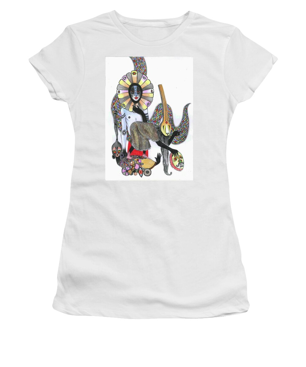 Masks Women's T-Shirt featuring the painting Dance Of The Masks by Zanara Nedelcheva Williams