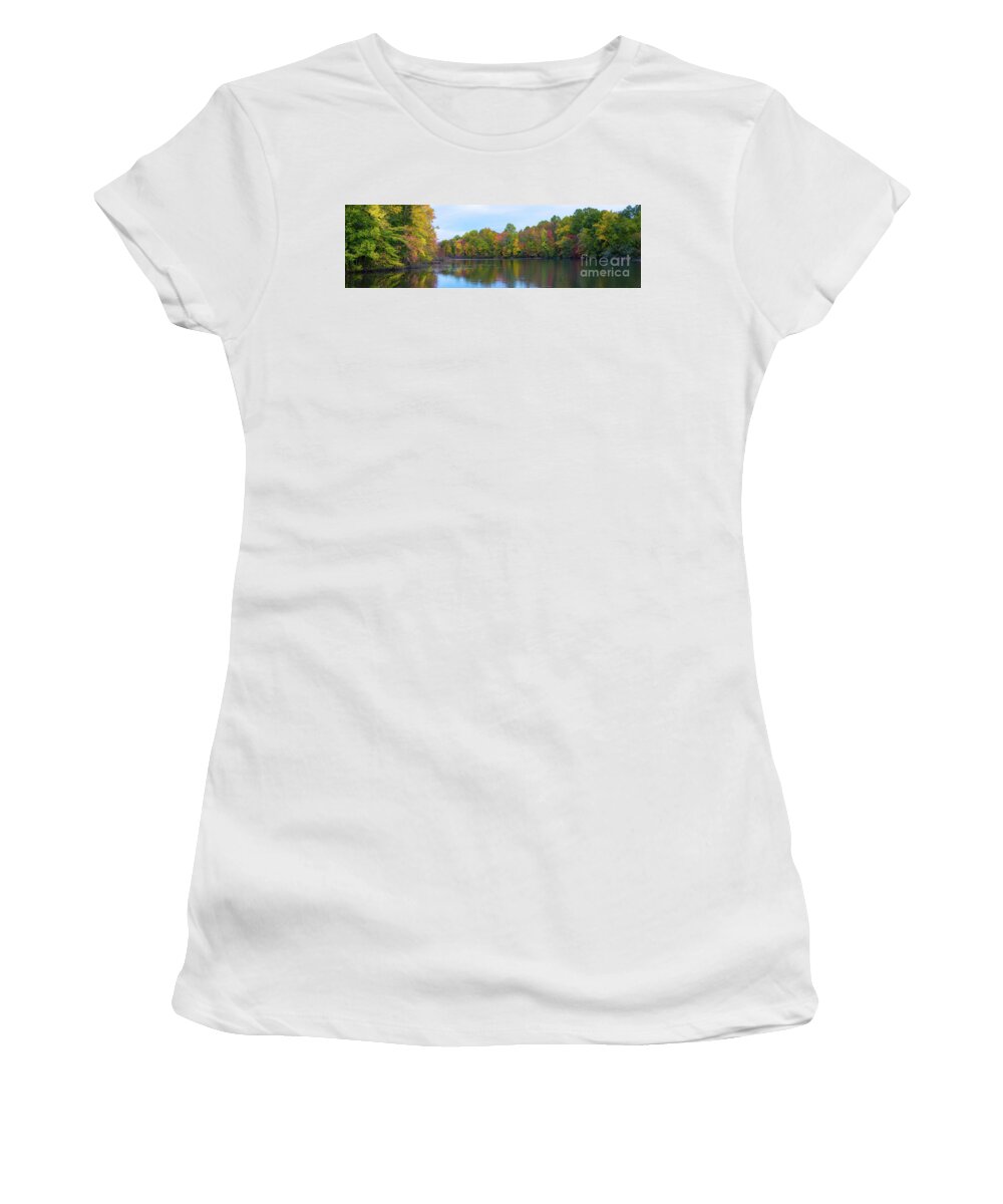 Davidsons Mill Pond Women's T-Shirt featuring the photograph Davidson's Mill Pond Autumn Panorama by Michael Ver Sprill