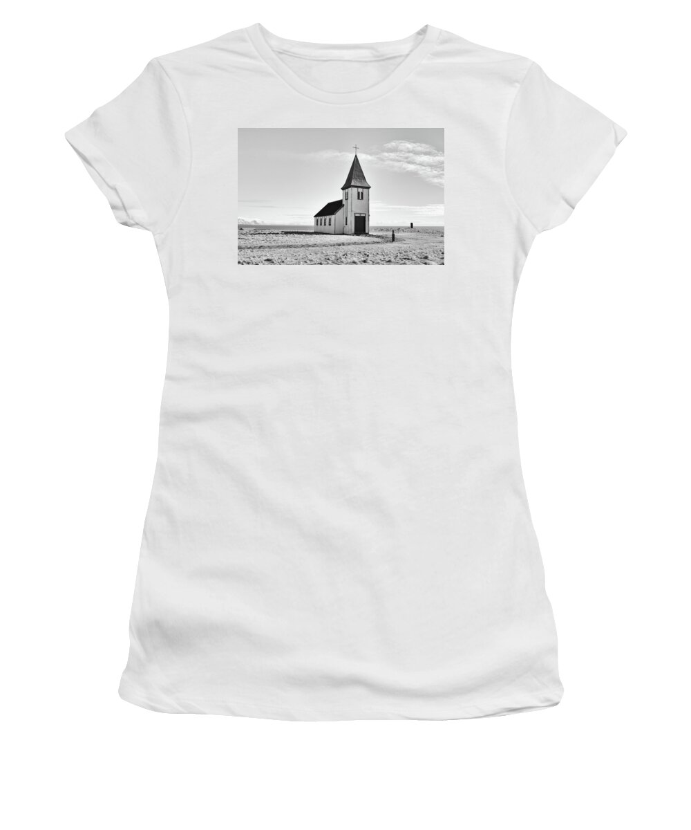 Travelpixpro Women's T-Shirt featuring the photograph Distressed Old Church Coastal Iceland Black and White by Shawn O'Brien